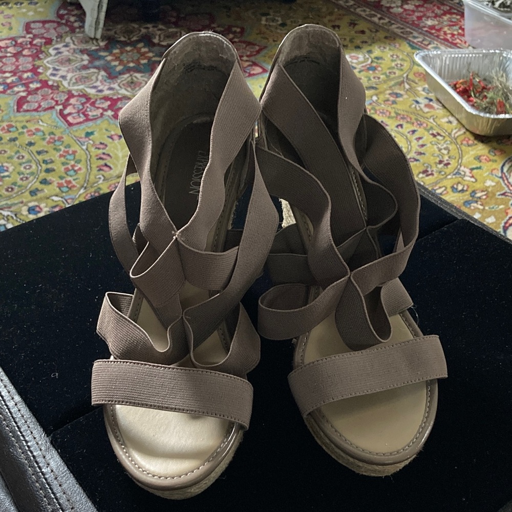 Expressions Taupe Strappy Heels Wedge Heel and platform